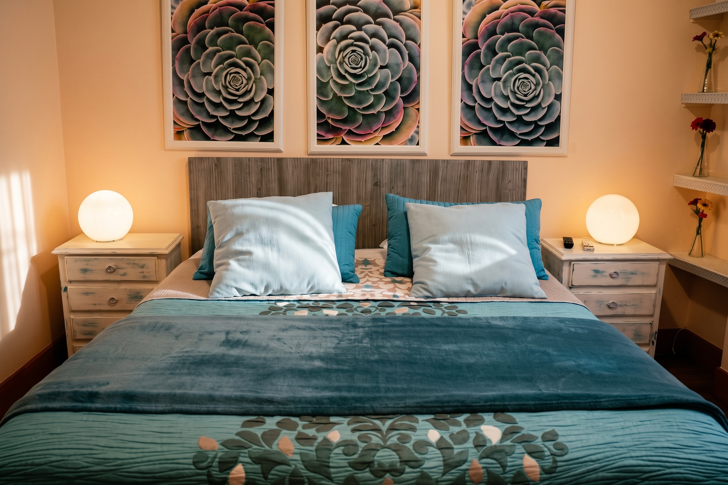 Quarto com cama de casal, colcha verde-água e gravuras botânicas por cima da cabeceira